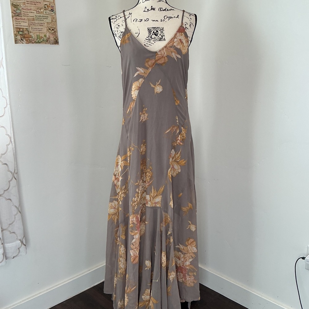 Dress Forum Floral Maxi Slip Dress Taupe Grey V-Neck Tiered Hem Medium Boho